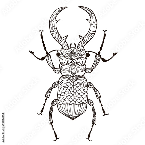 Coloring page with beetle deer. Vector graphics.