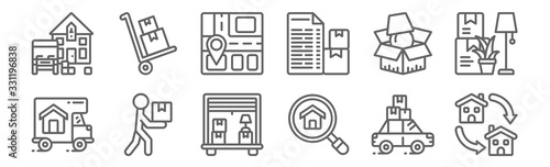 set of 12 removals icons. outline thin line icons such as moving, magnifying glass, box, packing, street map, trolley