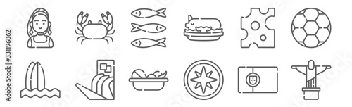 set of 12 portugal icons. outline thin line icons such as jesus, compass, monument, cheese, sardines, crab