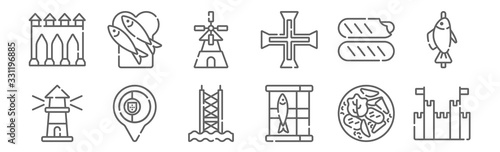 set of 12 portugal icons. outline thin line icons such as castle, sardines, placeholder, chorizo, windmill, sardines