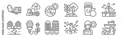 set of 12 global warming icons. outline thin line icons such as ship, drought, energy, recycle bin, global warming, deforestation