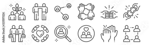 set of 12 friendship icons. outline thin line icons such as community, connect, friendship, brotherhood, share, shoulder to shoulder
