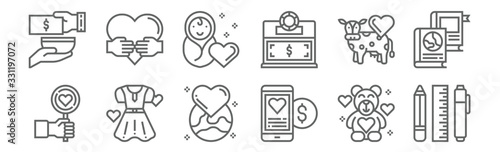set of 12 charity elements icons. outline thin line icons such as supplies, online money, clothing, cow, newborn, charity