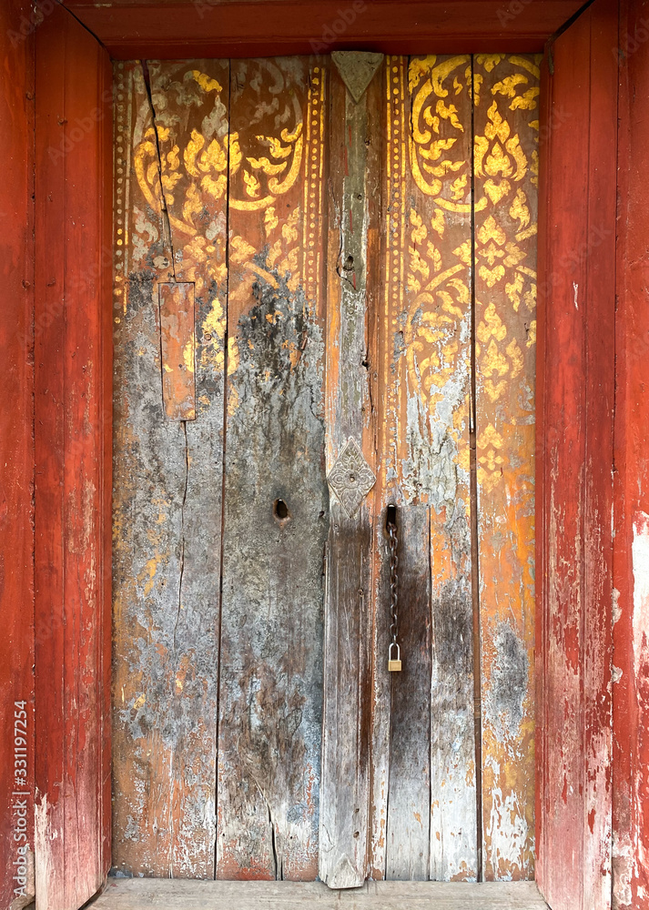 Red door of ancient pagoda