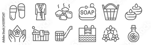 set of 12 sauna icons. outline thin line icons such as oil, swimming pool, sauna, bucket, hot stones, bathrobe