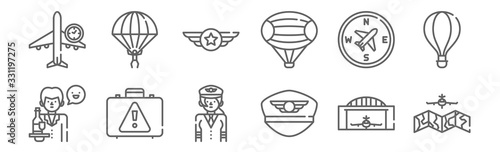 set of 12 aviation icons. outline thin line icons such as airplane, hat, suitcase, compass, badge, parachute