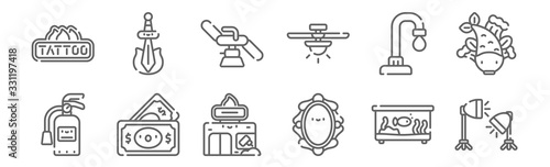 set of 12 tattoo studio icons. outline thin line icons such as lights, mirror, dollar, water tap, chair, sword