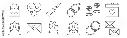 set of 12 wedding icons. outline thin line icons such as envelope, cheers, envelope, earrings, champagne, balloon