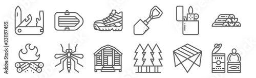 set of 12 camping icons. outline thin line icons such as canned food, forest, mosquito, lighter, boots, inflatable boat