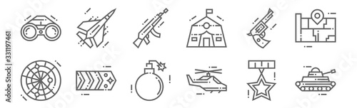 set of 12 military icons. outline thin line icons such as tank, helicopter, military rank, pistol, ak, fighter plane