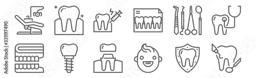 set of 12 dental icons. outline thin line icons such as dental care, baby, dental implant, dentist, anesthesia, tooth