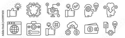 set of 12 seo icons. outline thin line icons such as project, process, toolbox, process, process, chip