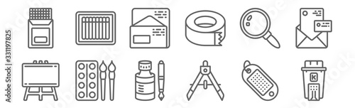 Obraz na płótnie set of 12 stationery icons. outline thin line icons such as ink, compass, watercolor, magnifying glass, letter, matches