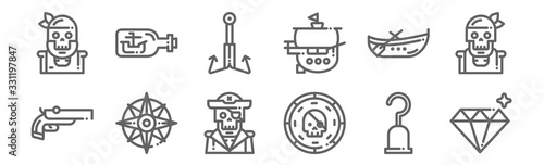 set of 12 pirates icons. outline thin line icons such as diamond, gold, compass, boat, anchor, ship in a bottle