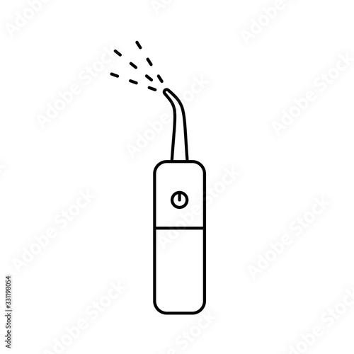Dental irrigator icon. Line art logo of electric device for home use with water stream. Black simple illustration of oral care, brush teeth. Contour isolated vector image on white background