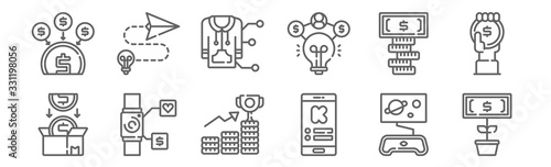 set of 12 crowdfunding icons. outline thin line icons such as growth, kickstarter, smartwatch, crowdfunding, jacket, idea