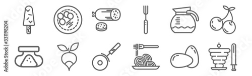 set of 12 gastronomy collection icons. outline thin line icons such as kebab, spaguetti, radish, coffee maker, salami, potatoes