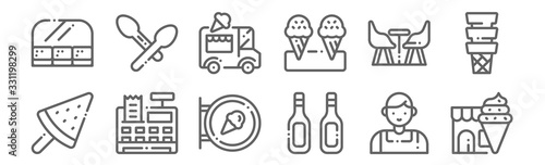 set of 12 icecream shop icons. outline thin line icons such as ice cream, additives, cash register, furniture, ice cream car, spoon