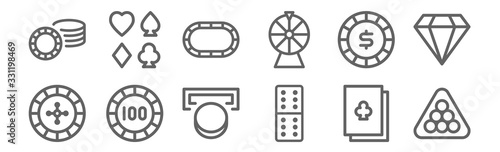 set of 12 casino icons. outline thin line icons such as billiard, domino, bet, poker chip, poker table, poker