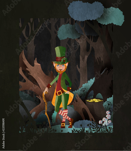 Fairy tale illustration Leprechaun wearing hardtop hat with pot of gold coins in front of dark forest