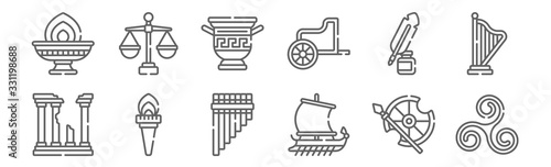 set of 12 ancient greece icons. outline thin line icons such as pattern, trireme, torch, ink, amphora, law