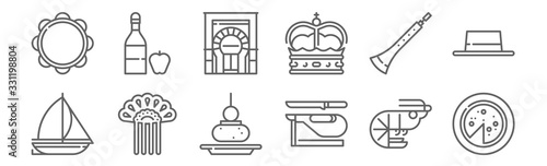 set of 12 tipical spanish icons. outline thin line icons such as omelette, ham, comb, dulzaina, mosque cordoba, cider