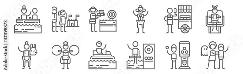 set of 12 amusement park icons. outline thin line icons such as haunted house, dunk, acrobat, ice cream, water gun, theme park