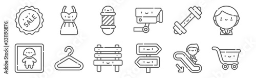 set of 12 mall icons. outline thin line icons such as cart, directions, hanger, dumbbell, barber shop, dress