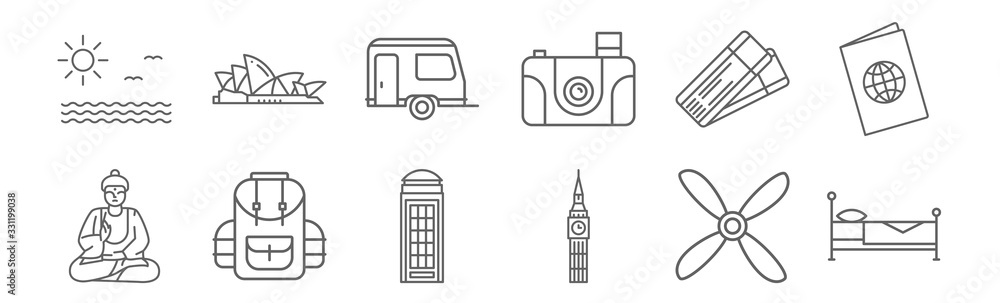 set of 12 travelling icons. outline thin line icons such as bed left ...