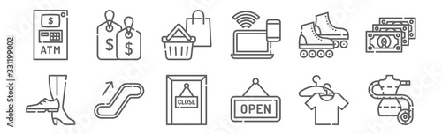 set of 12 mall icons. outline thin line icons such as atelier, open, escalator, skate, shopping bag, tags