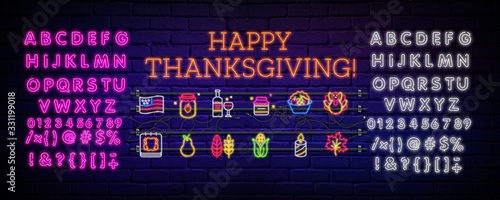 Happy Thanksgiving neon sign with a set of icons. Glowing neon Thanksgiving text. Night bright advertising. Vector illustration in neon style for cafe, restaurant, store