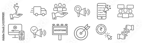 set of 12 ads icons. outline thin line icons such as ad, strategy, ads, ads, value,