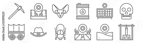 set of 12 desert icons. outline thin line icons such as water well, road, hat, solar energy, fennec, canyon