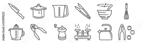 set of 12 kitchen icons. outline thin line icons such as nutcracker, scale, can opener, bowl, measurement, pot