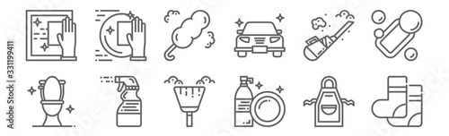 set of 12 hygiene icons. outline thin line icons such as socks, dish washing, spray, vacuum cleaner, duster, dish washing