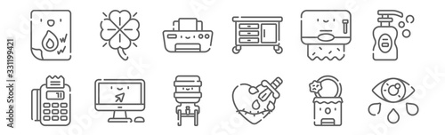 set of 12 tattoo studio icons. outline thin line icons such as eye, heart, computer, paper towel, printer, clover