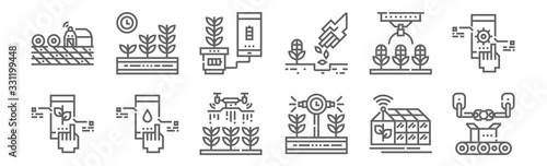 set of 12 smart farm icons. outline thin line icons such as conveyor, energy, farming, harvest, smart farm, growth
