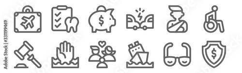 set of 12 insurance icons. outline thin line icons such as money, calendar, help, accident, piggy bank, dental