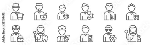 set of 12 man worker avatar icons. outline thin line icons such as doctor, analyst, dentist, architect, artist, therapist