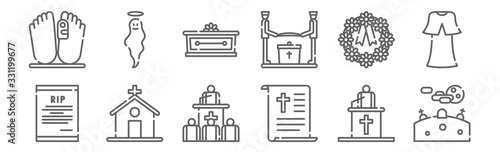 set of 12 funeral icons. outline thin line icons such as graveyard, speech, church, wreath, coffin, ghost