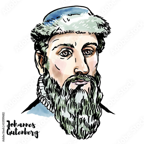 Johannes Gutenberg engraved watercolor vector portrait with ink contours.  German blacksmith, goldsmith, inventor, printer, and publisher who introduced printing to Europe with the printing press.