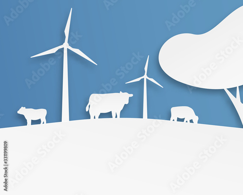 Vector landscape with cows, wind turbines and tree in paper cut style. Vector illustration. 