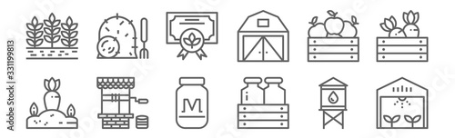 set of 12 farm icons. outline thin line icons such as house, milk bottle, well, fruit, reward, straw