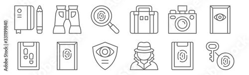 set of 12 detective icons. outline thin line icons such as fingerprint identification, detective, office, camera, fingerprint, binoculars