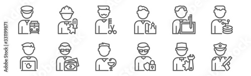 set of 12 man worker avatar icons. outline thin line icons such as policeman, hacker, financial advisor, writer, hairdresser, engineer
