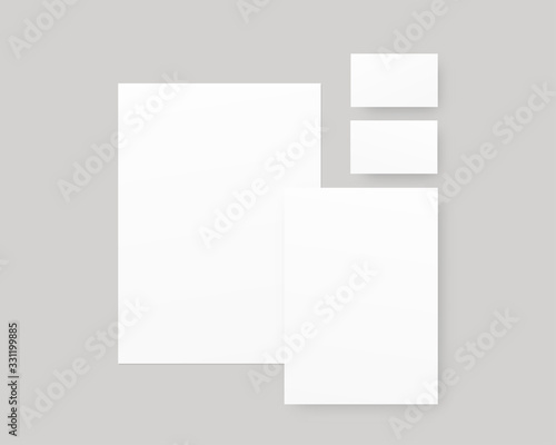 Vector stationery mockup with a4 paper, a5 paper, business cards. Mockup vector with shadows overlays. Branding stationery mockup scene. Mockup vector isolated. Template design.