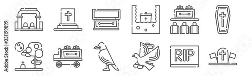 set of 12 funeral icons. outline thin line icons such as military, pigeon, hearse, ceremony, coffin, grave