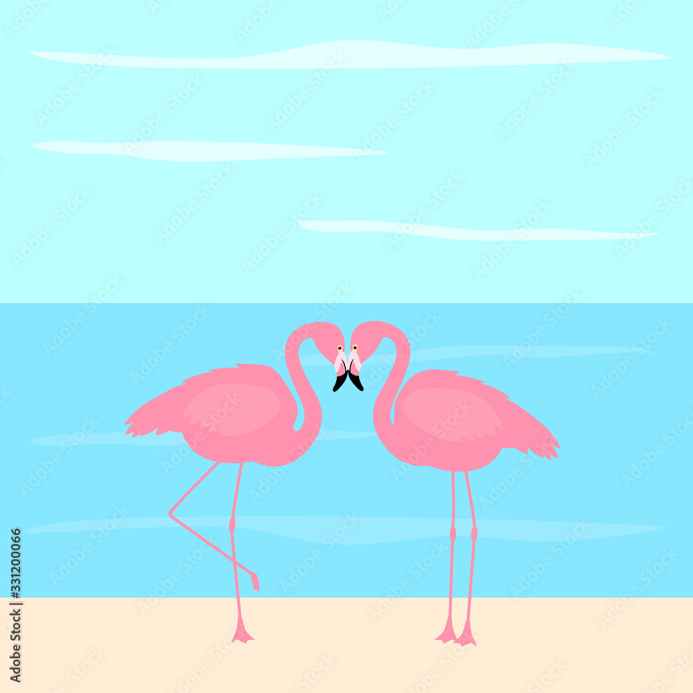 Naklejka premium Greeting card flamingo vector birds tropics flowers landscape sea sky