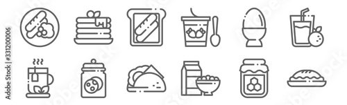 set of 12 breakfast icons. outline thin line icons such as pie, cereal, cookie, egg, toast, pancake