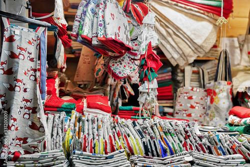 Festively decorated textile souvenirs at the Riga Christmas market stall